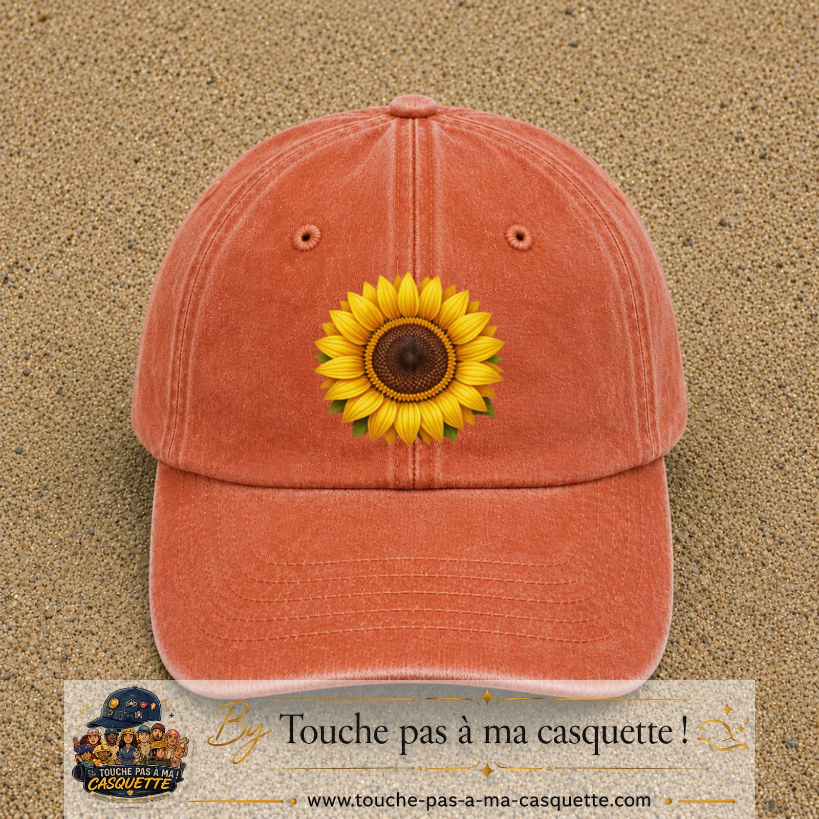 Image principale produit11grosOC - casquette Orange délavé - Corail délavé avec visuel Tournesol 7 cm
