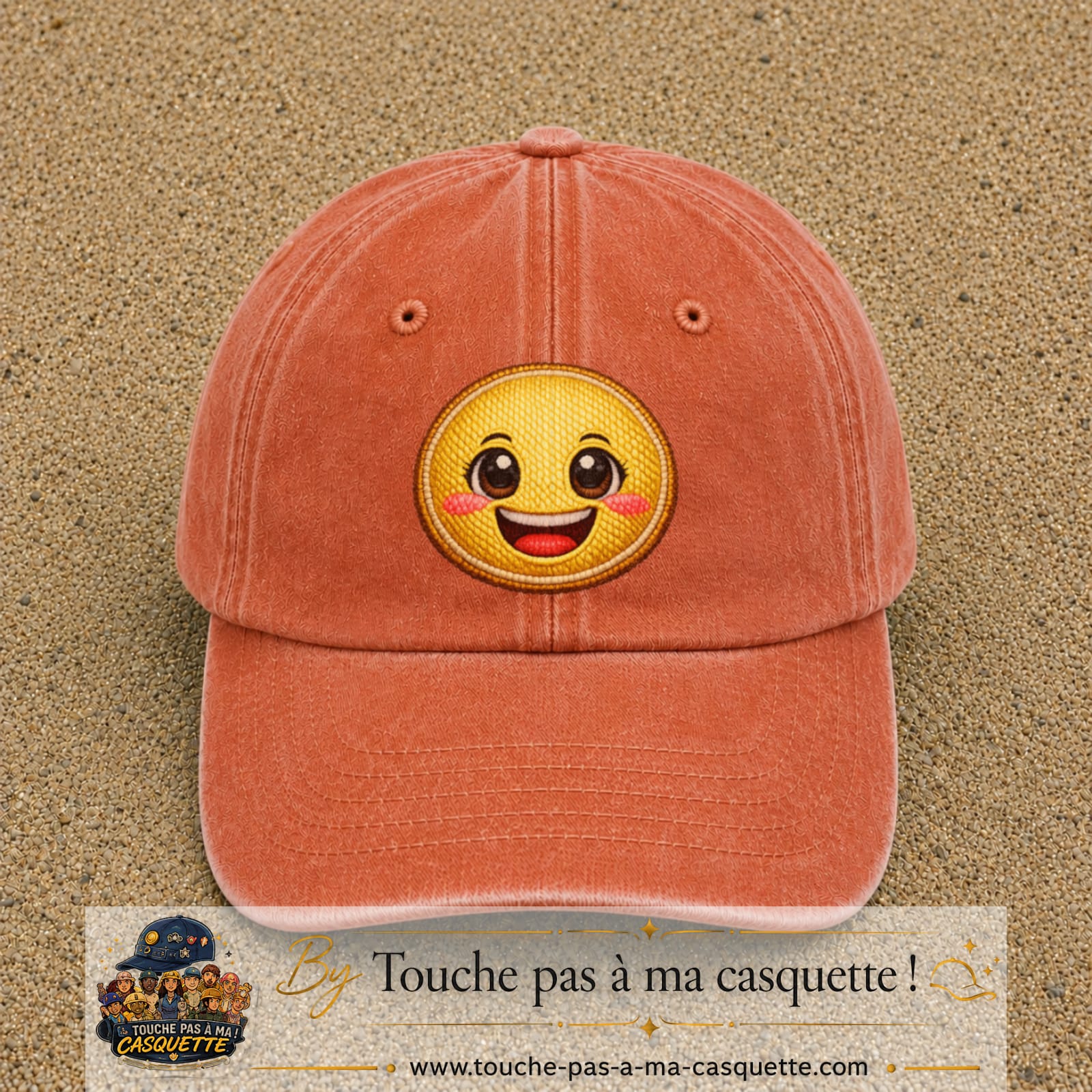 Image principale produit9grosOC - casquette Orange délavé - Corail délavé avec visuel Emoji souriant 7 cm