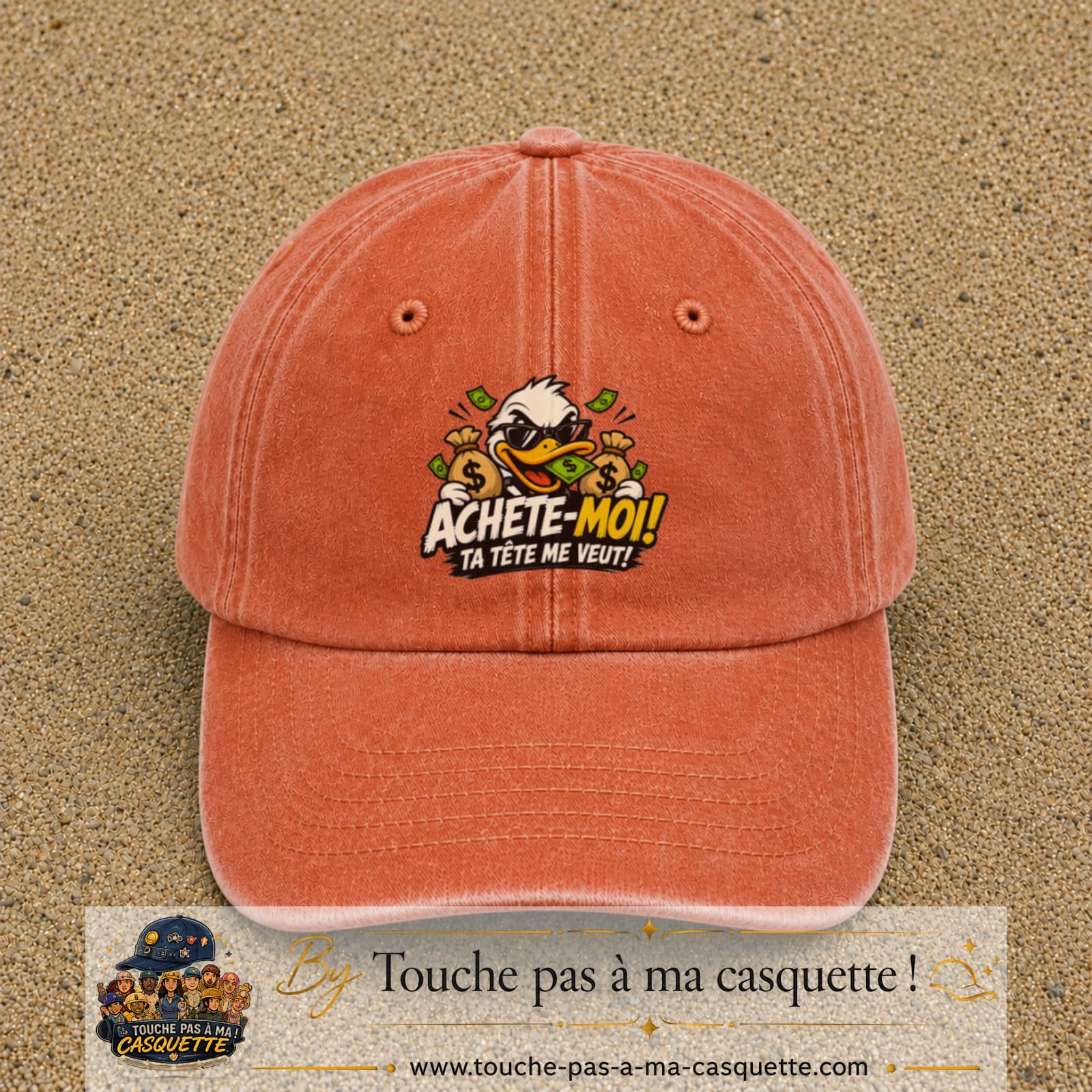 Image principale produit124grosOC - casquette Orange délavé - Corail délavé avec visuel Canard argent 7 cm