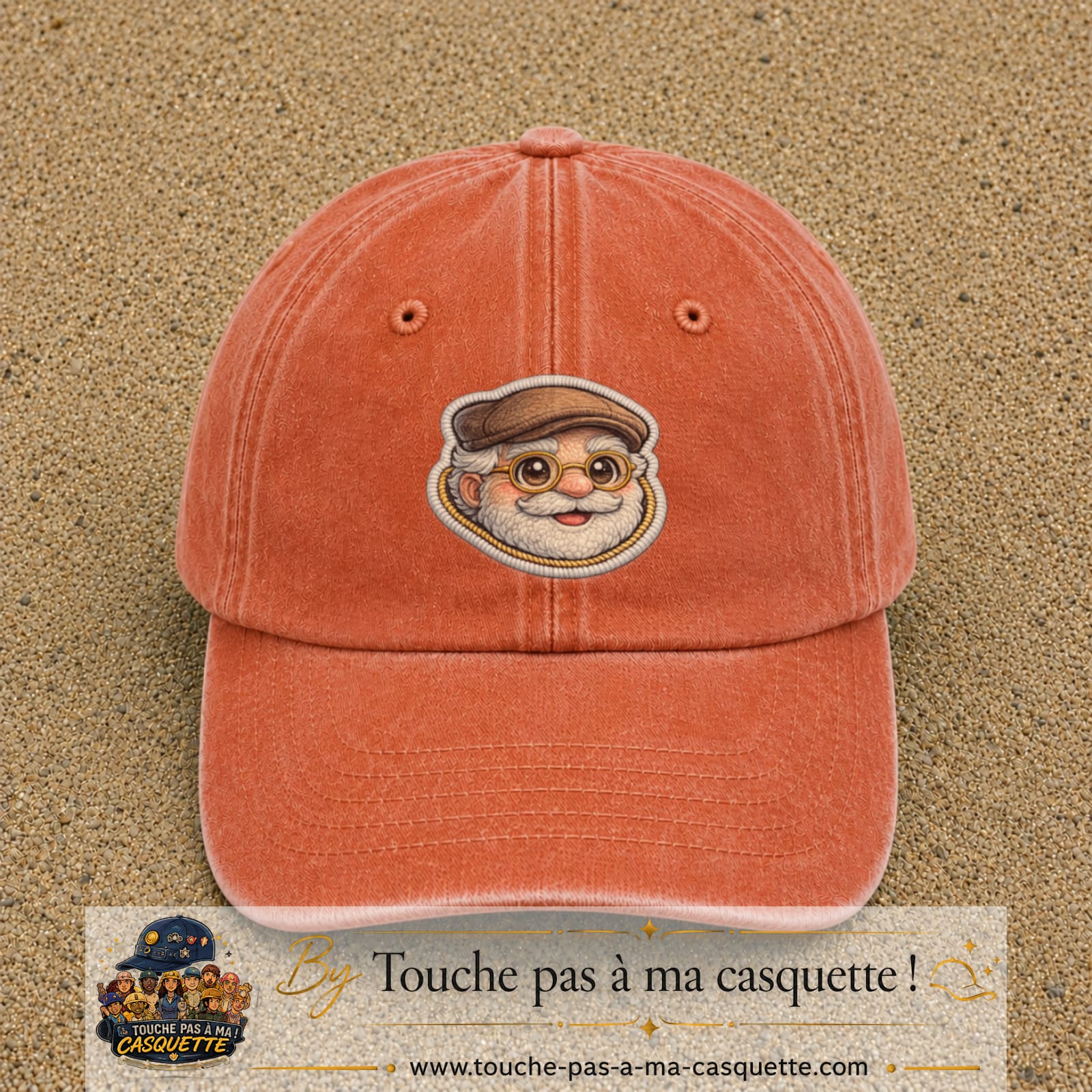Image principale produit76grosOC - casquette Orange délavé - Corail délavé avec visuel Papy casquette lunettes 7 cm