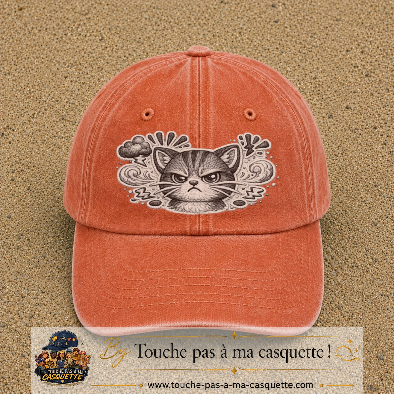 Image principale produit1grosOC - casquette Orange délavé - Corail délavé avec visuel Chat colère ornemental 7 cm