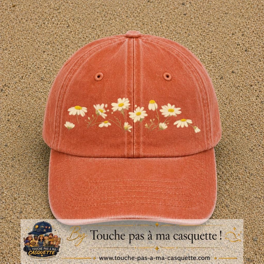Image principale produit36grosOC - casquette Orange délavé - Corail délavé avec visuel Guirlande de marguerites 7 cm