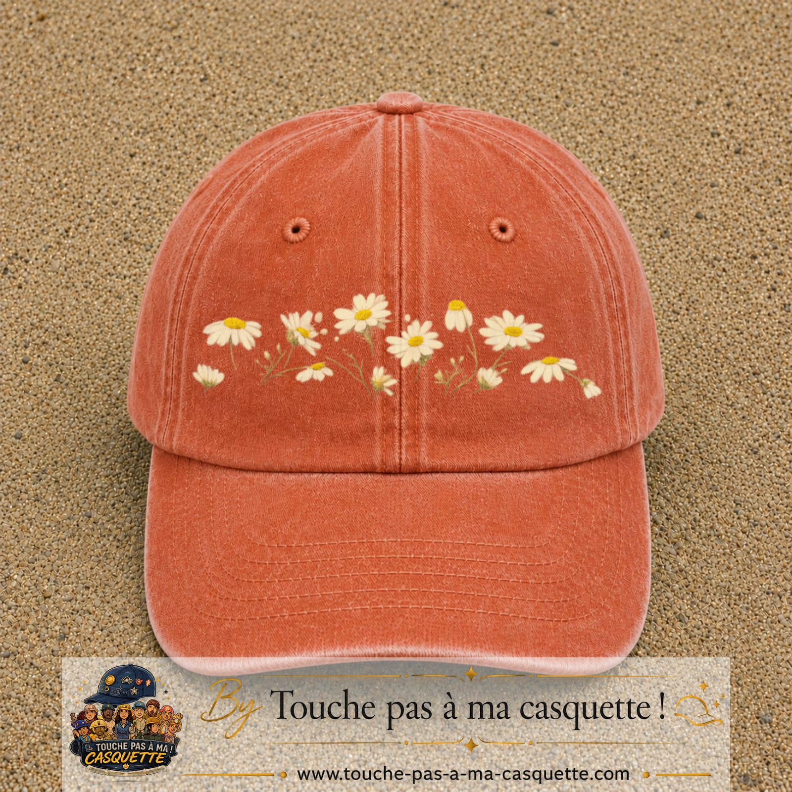 Image principale produit36grosOC - casquette Orange délavé - Corail délavé avec visuel Guirlande de marguerites 7 cm