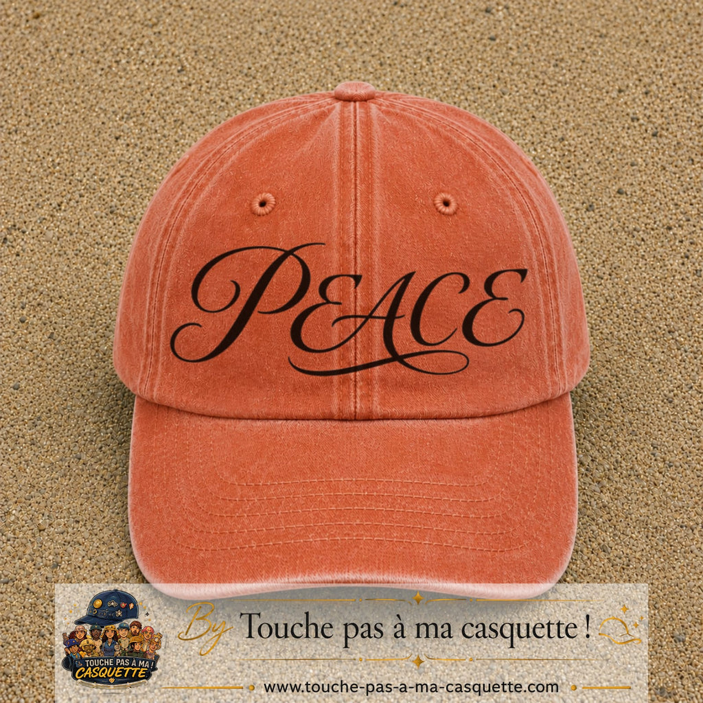 Image principale produit132grosOC - casquette Orange délavé - Corail délavé avec visuel Peace calligraphie 7 cm