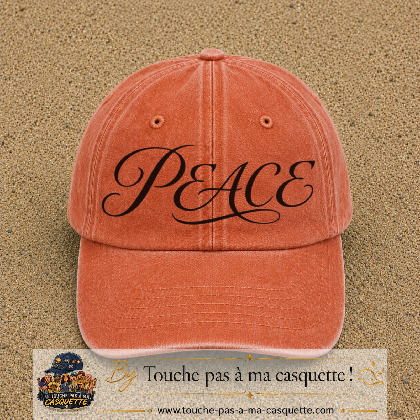 Image principale produit132grosOC - casquette Orange délavé - Corail délavé avec visuel Peace calligraphie 7 cm