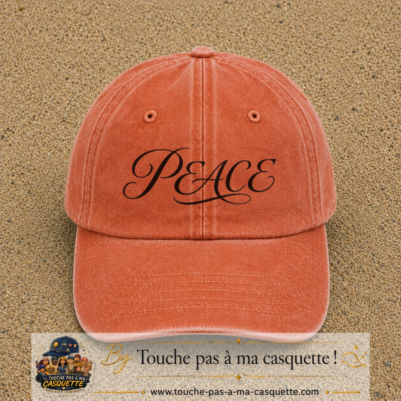 Image principale produit132moyenOC - casquette Orange délavé - Corail délavé avec visuel Peace calligraphie 5 cm