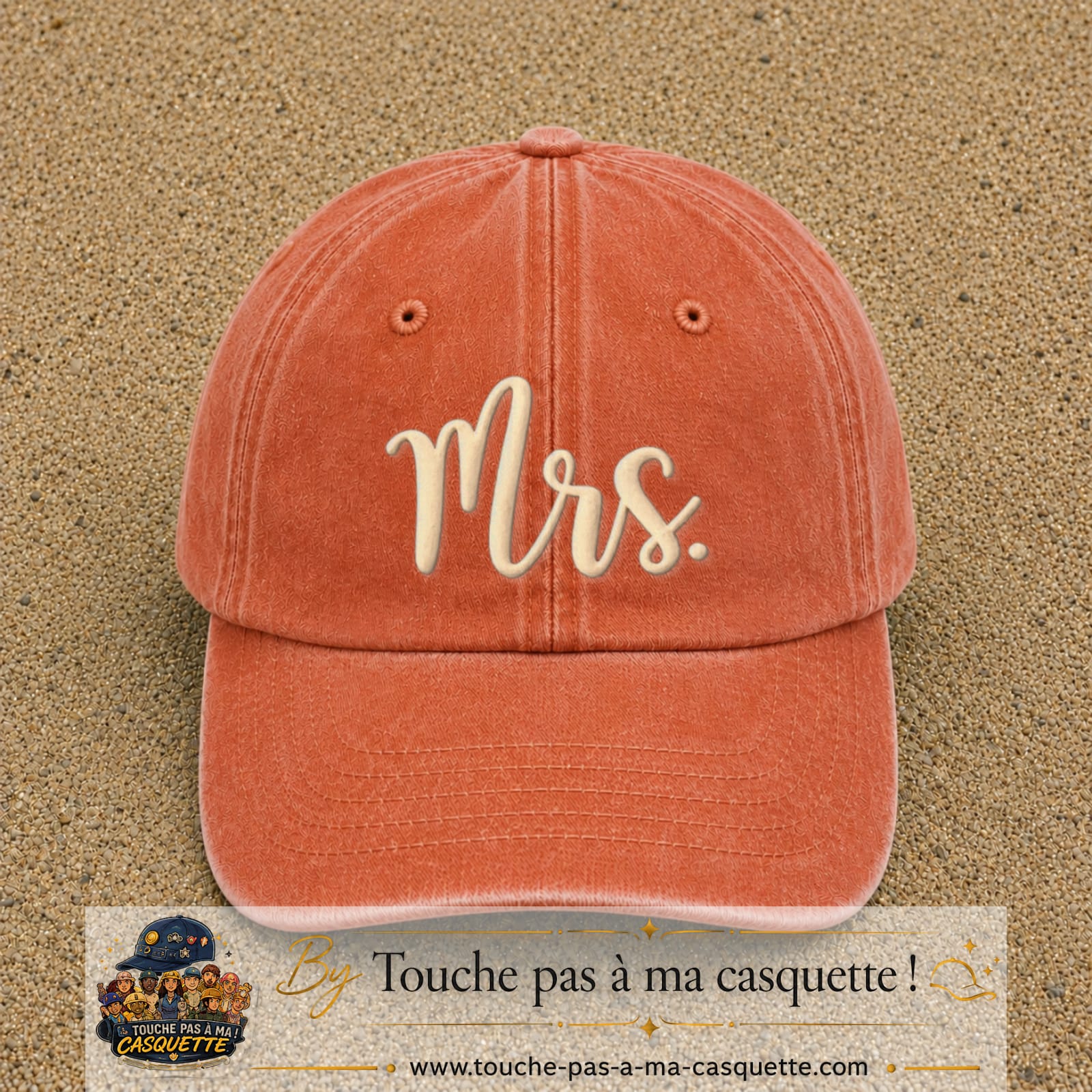 Image principale produit113grosOC - casquette Orange délavé - Corail délavé avec visuel Mrs blanc 7 cm