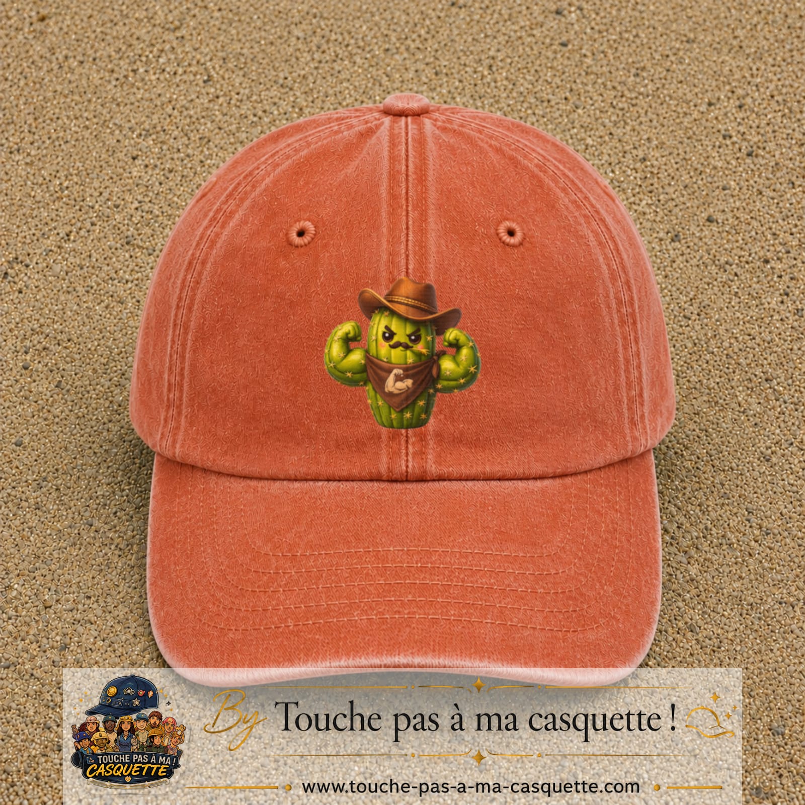 Image principale produit194grosOC - casquette Orange délavé - Corail délavé avec visuel Cactus cowboy 7 cm
