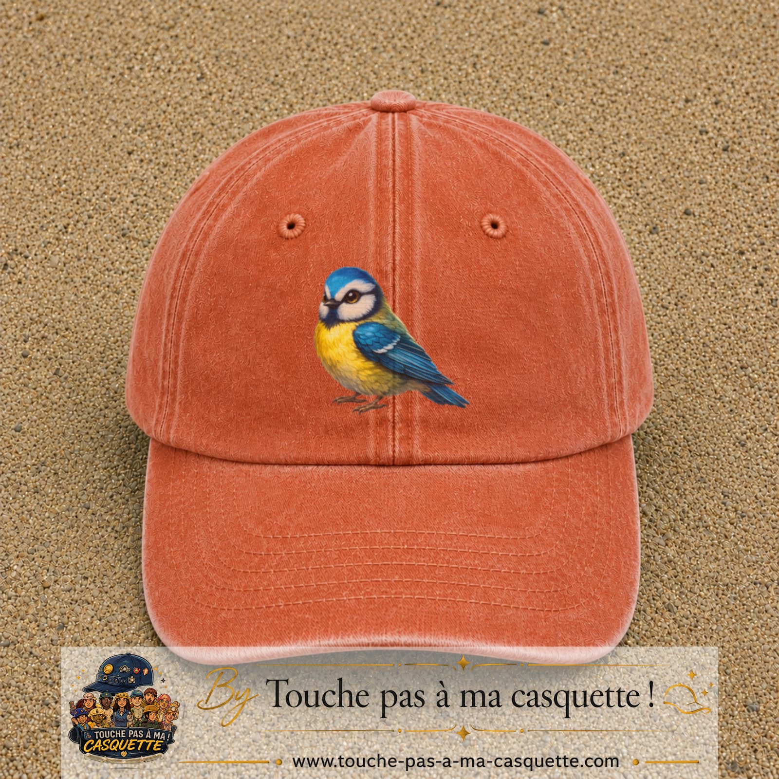 Image principale produit63grosOC - casquette Orange délavé - Corail délavé avec visuel Mésange 7 cm