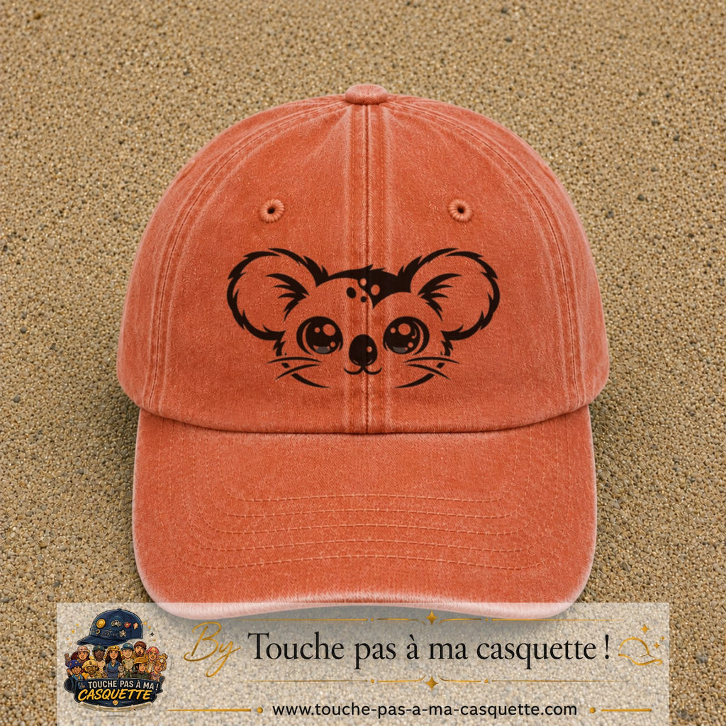 Image principale produit100grosOC - casquette Orange délavé - Corail délavé avec visuel Koala visage 7 cm
