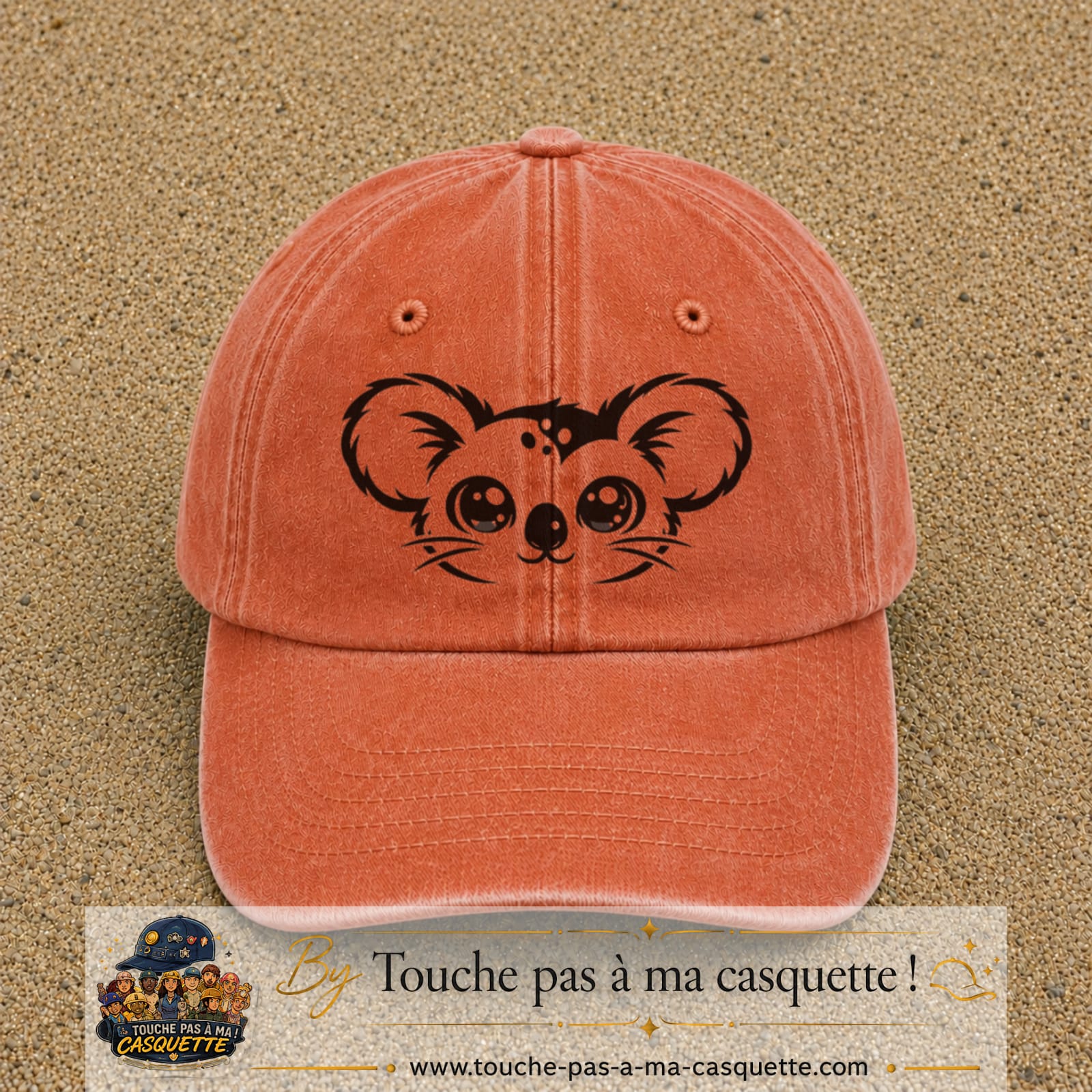Image principale produit100grosOC - casquette Orange délavé - Corail délavé avec visuel Koala visage 7 cm
