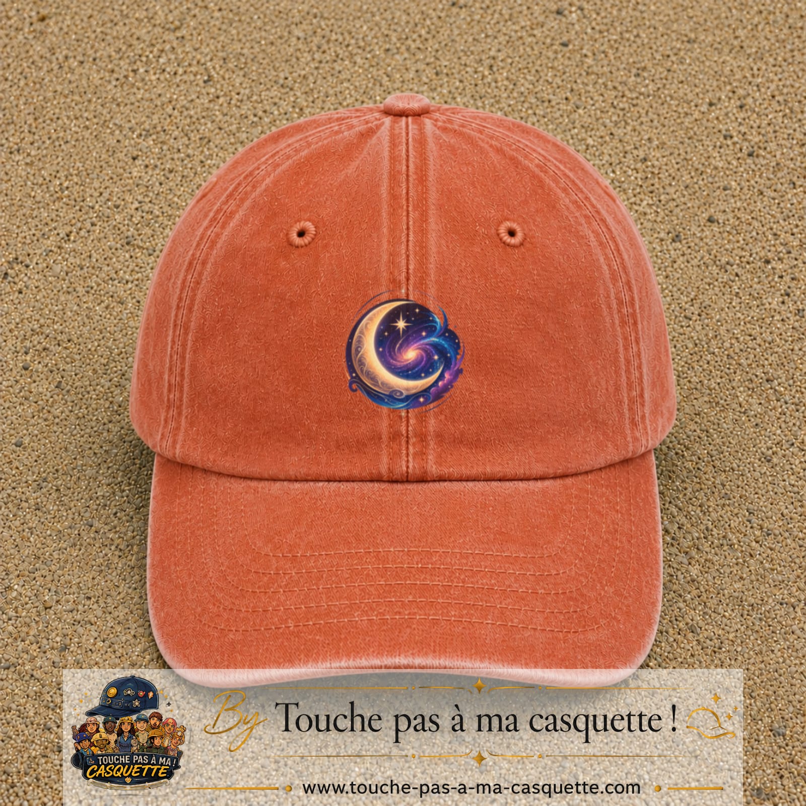 Image principale produit58moyenOC - casquette Orange délavé - Corail délavé avec visuel Galaxie lune 5 cm
