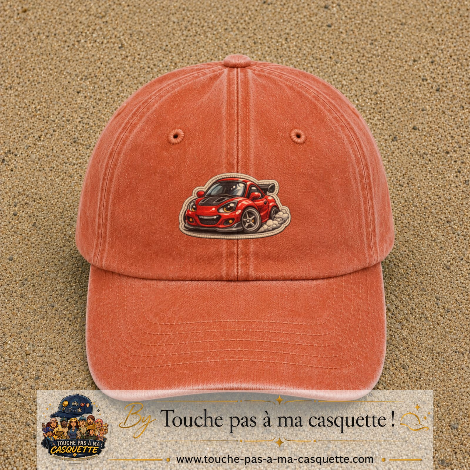 Image principale produit93moyenOC - casquette Orange délavé - Corail délavé avec visuel Voiture rouge 5 cm