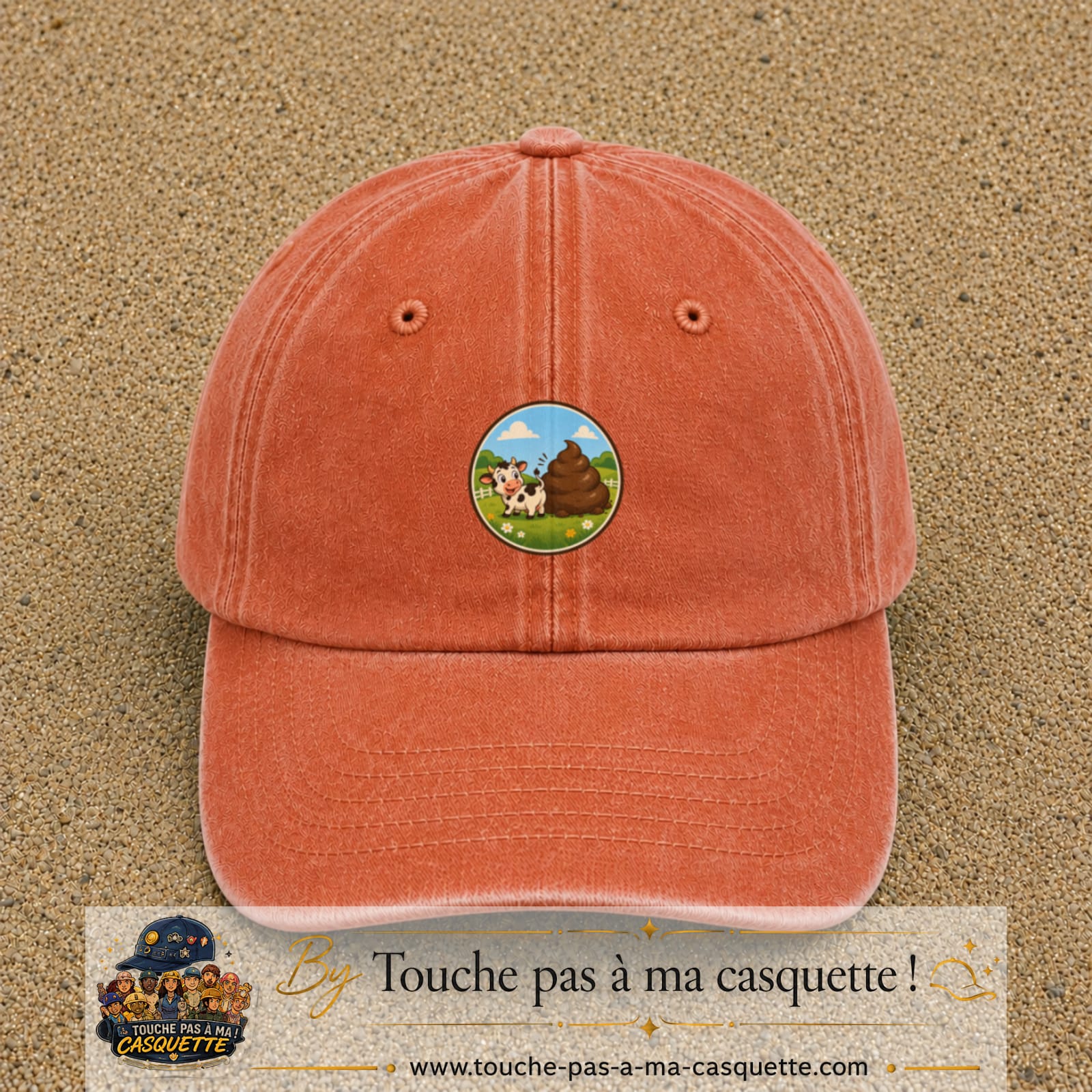 Image principale produit161moyenOC - casquette Orange délavé - Corail délavé avec visuel Vache humour crotte 5 cm