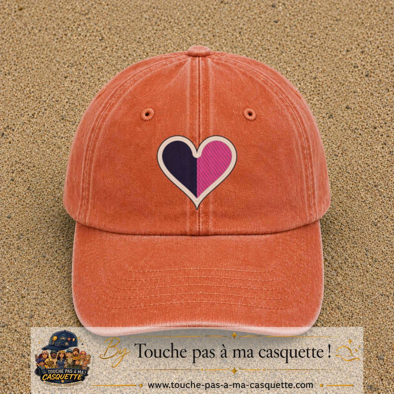 Image principale produit116grosOC - casquette Orange délavé - Corail délavé avec visuel Cœur bicolore 7 cm
