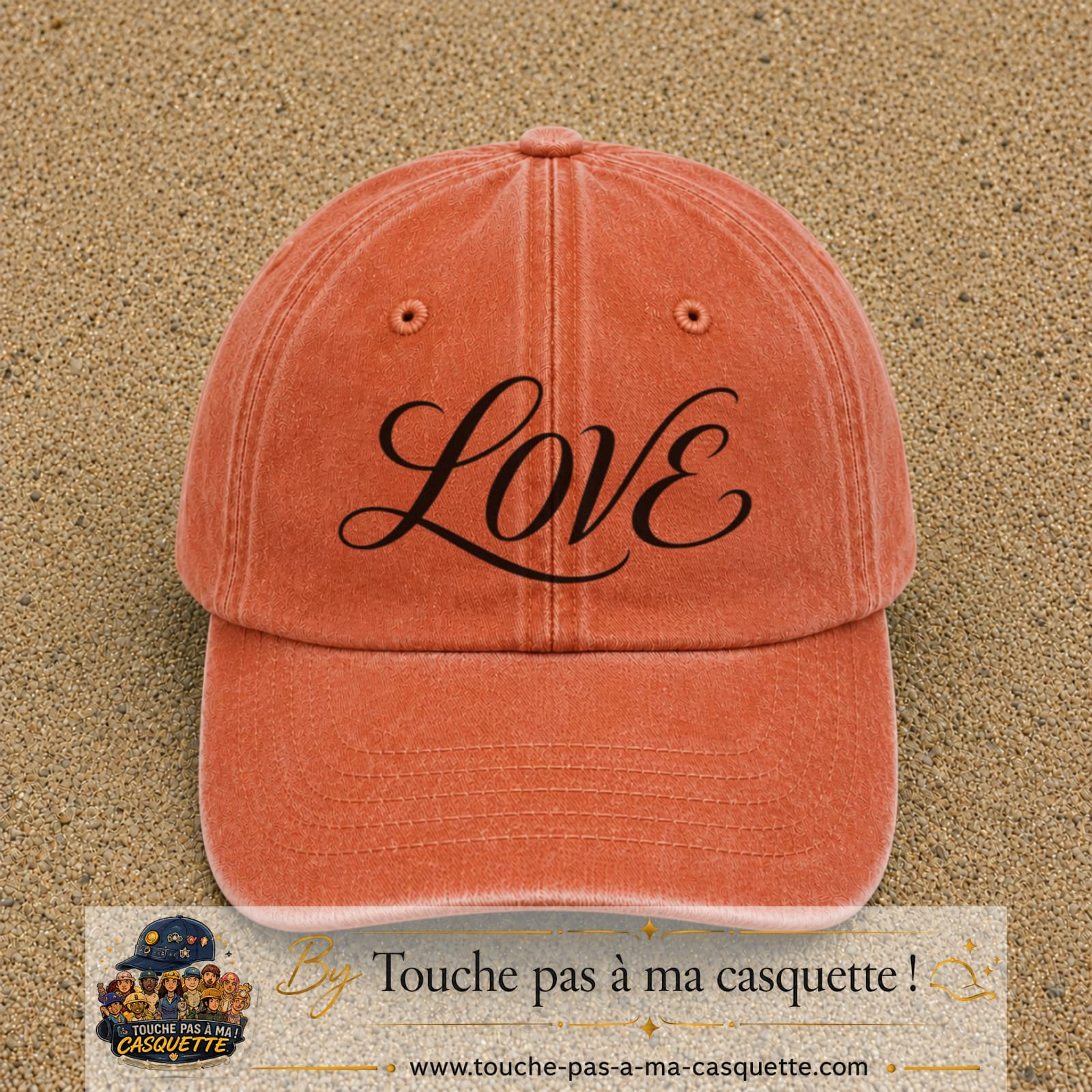 Image principale produit131grosOC - casquette Orange délavé - Corail délavé avec visuel Love calligraphie 7 cm