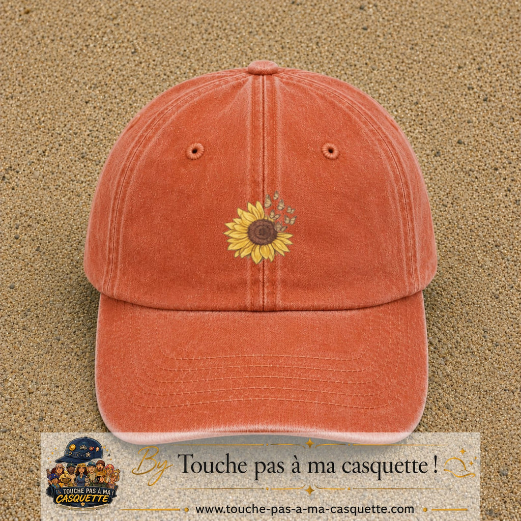 Image principale produit15moyenOC - casquette Orange délavé - Corail délavé avec visuel Tournesol mandala 5 cm