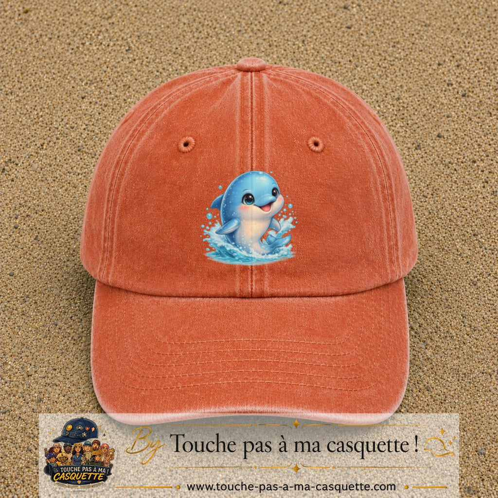 Image principale produit85grosOC - casquette Orange délavé - Corail délavé avec visuel Dauphin 7 cm