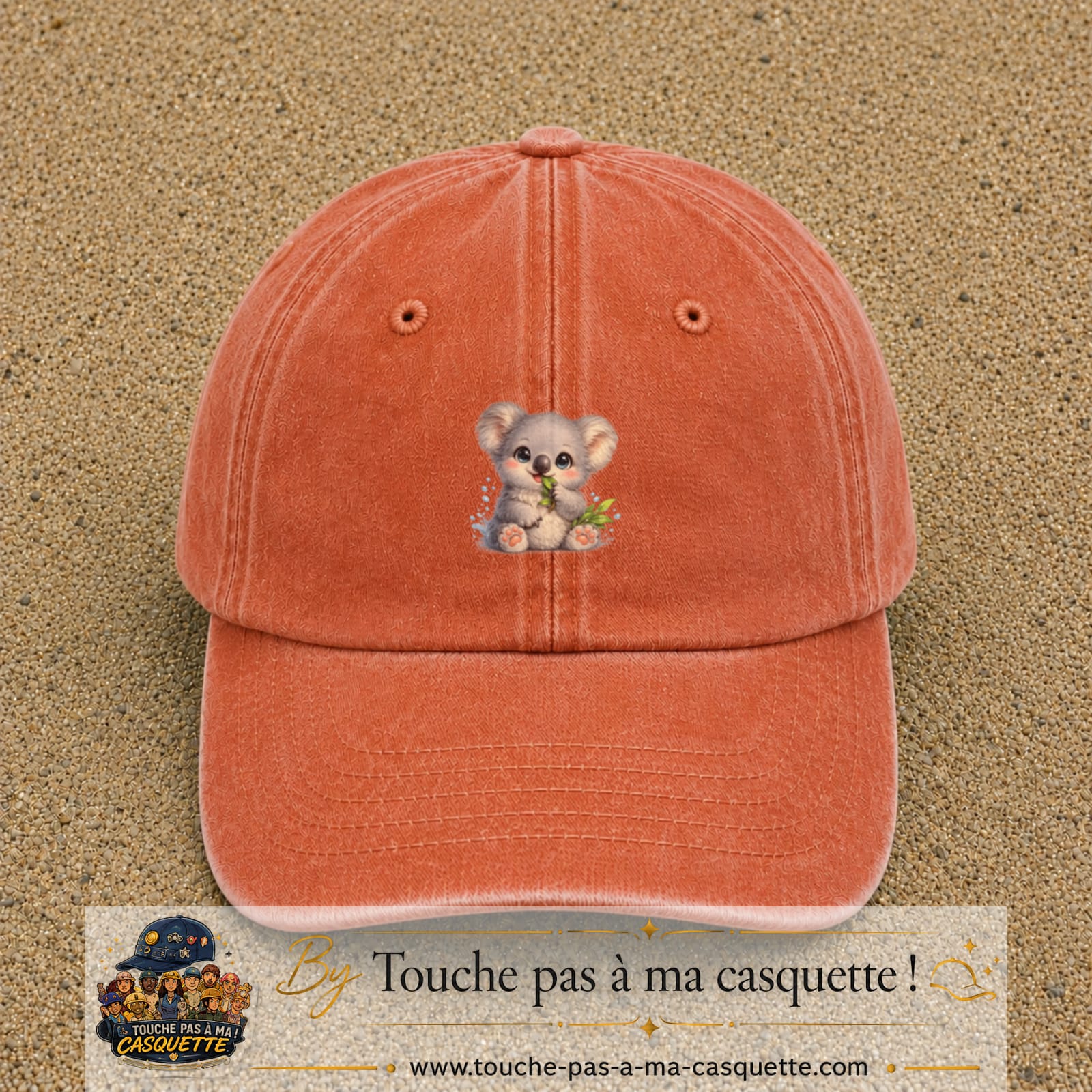 Image principale produit87moyenOC - casquette Orange délavé - Corail délavé avec visuel Koala bambou 5 cm