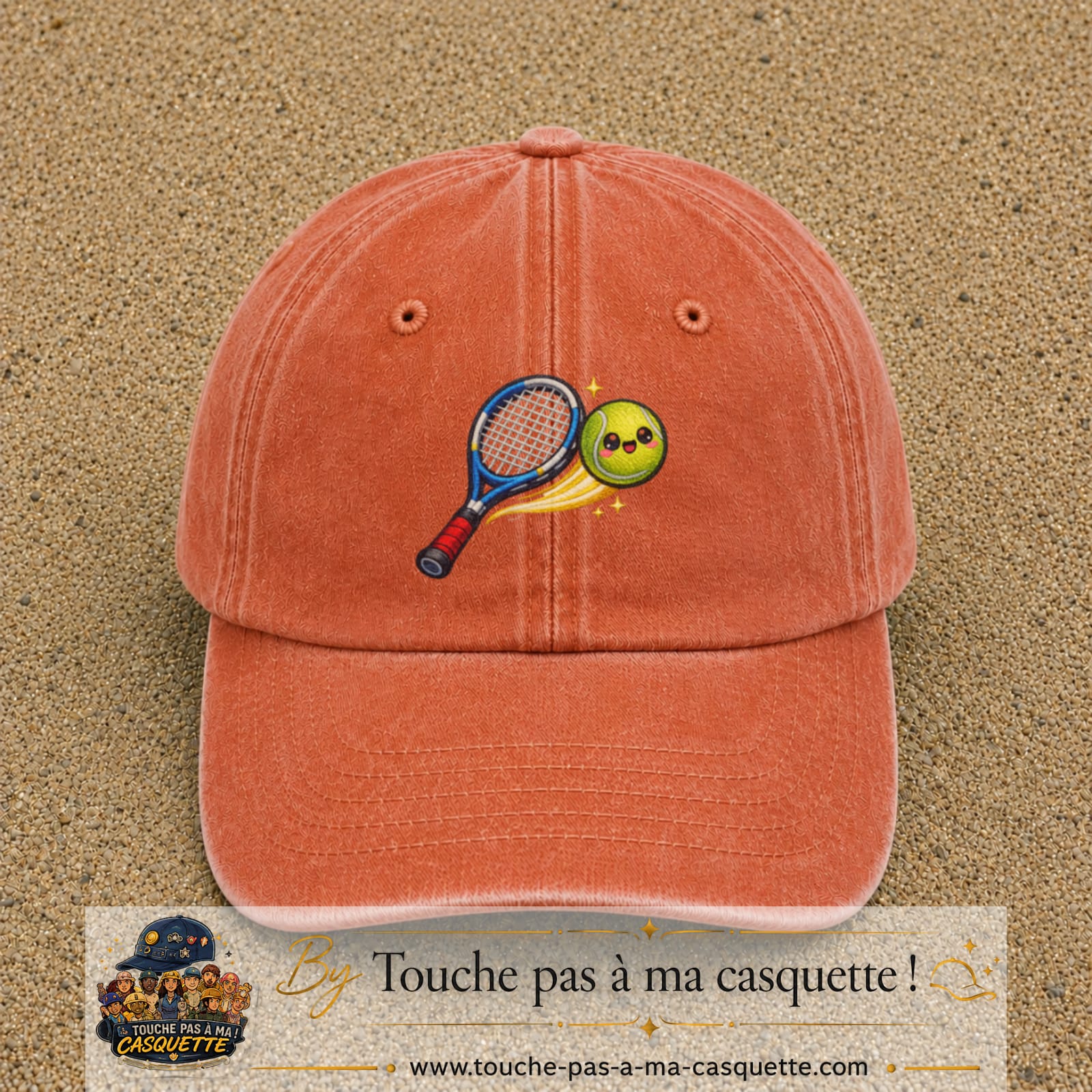 Image principale produit80grosOC - casquette Orange délavé - Corail délavé avec visuel Tennis raquette balle 7 cm