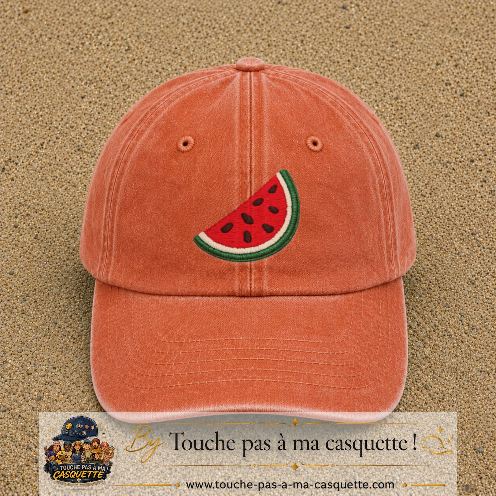 Image principale produit22grosOC - casquette Orange délavé - Corail délavé avec visuel Pastèque 7 cm