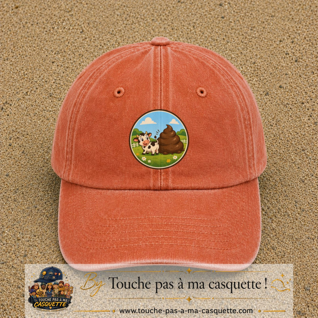 Image principale produit161grosOC - casquette Orange délavé - Corail délavé avec visuel Vache humour crotte 7 cm