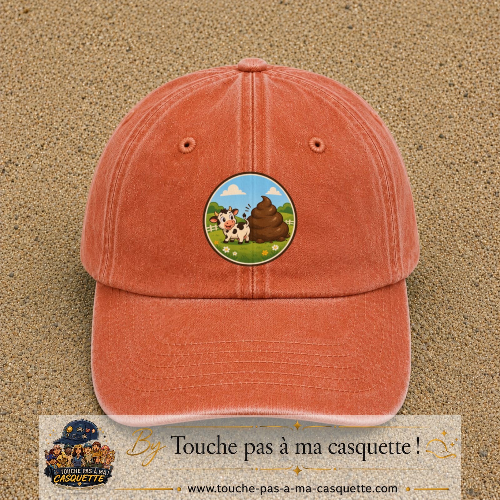 Image principale produit161grosOC - casquette Orange délavé - Corail délavé avec visuel Vache humour crotte 7 cm