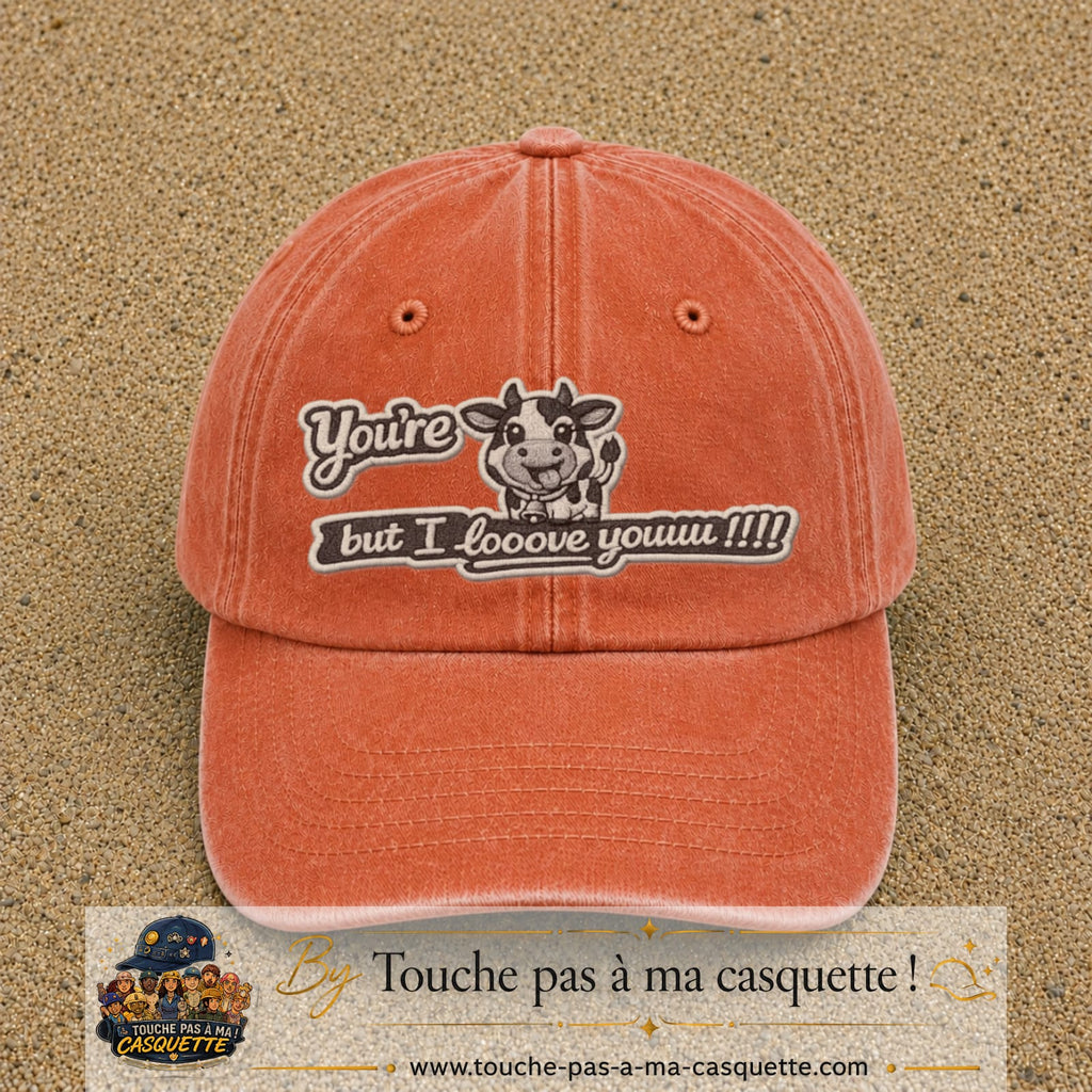 Image principale produit121grosOC - casquette Orange délavé - Corail délavé avec visuel Vache message anglais 7 cm