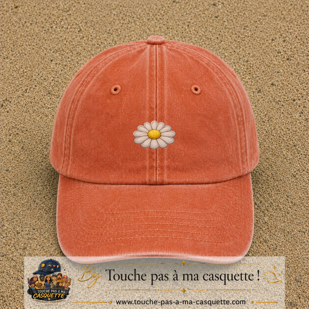 Image principale produit104petitOC - casquette Orange délavé - Corail délavé avec visuel Marguerite simple 3 cm