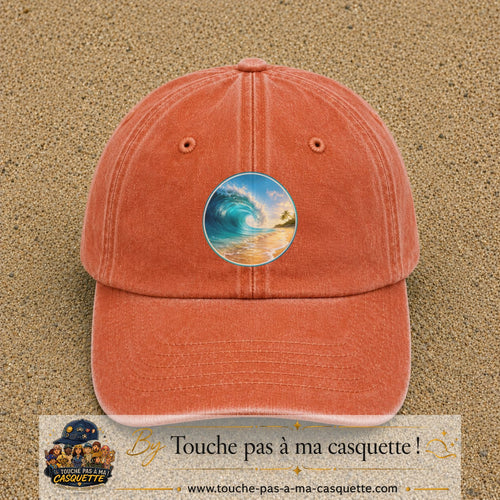 Image principale produit175grosOC - casquette Orange délavé - Corail délavé avec visuel Vague plage 7 cm