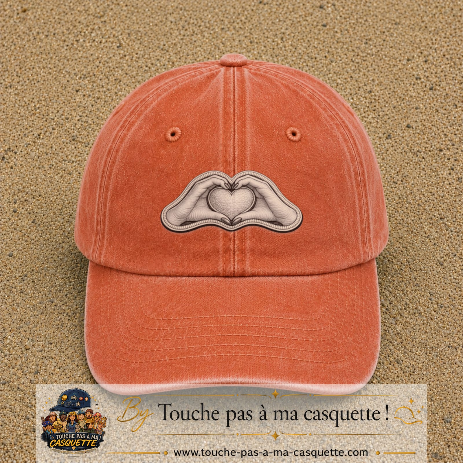 Casquette Orange délavé - Corail délavé motif Mains formant un cœur 5 cm - vue principale