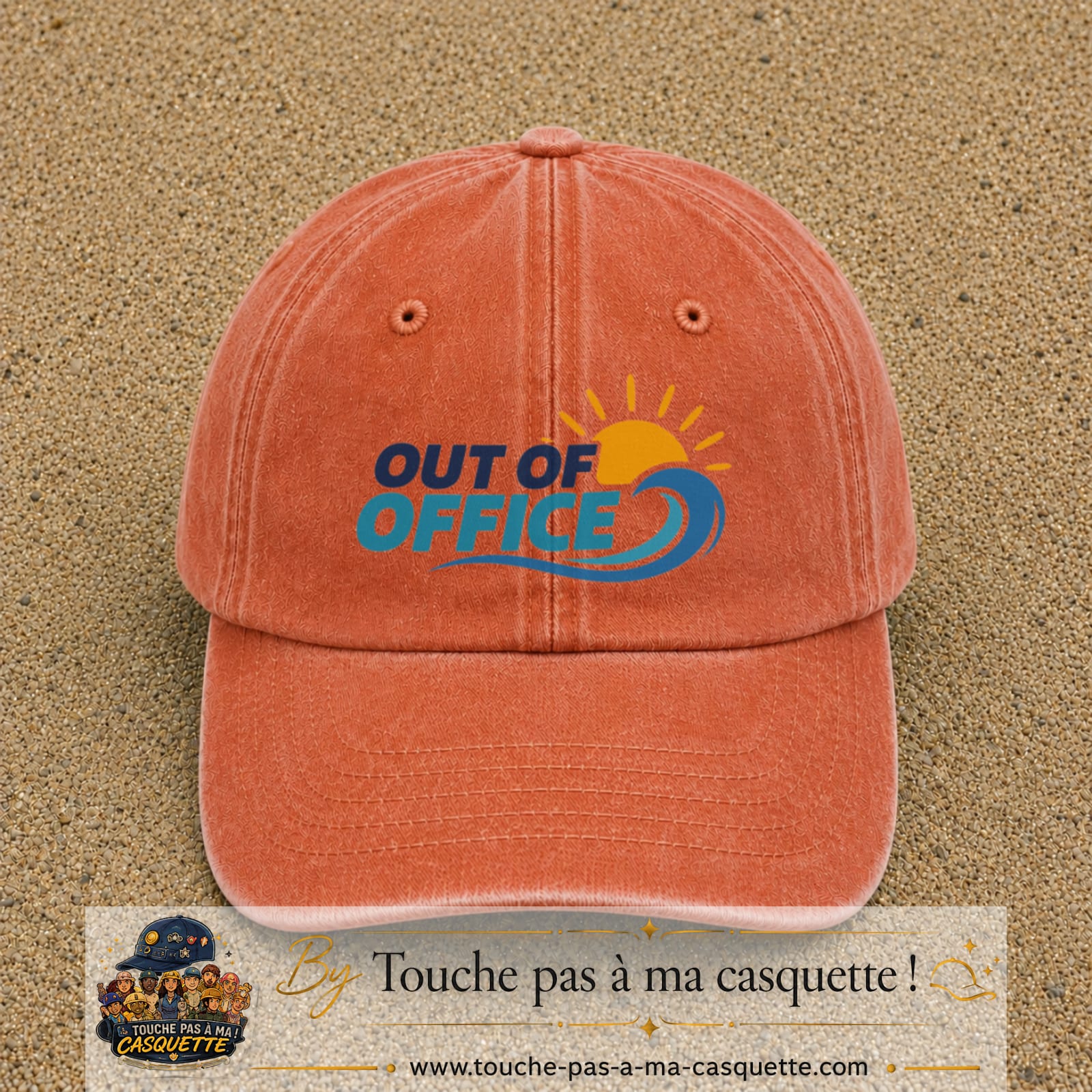 Casquette Orange délavé - Corail délavé 100% coton avec motif Out of Office vague soleil 7 cm - image principale