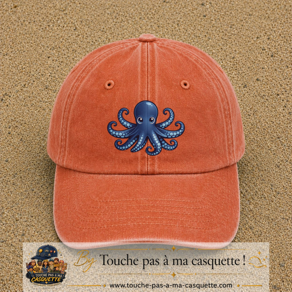 Casquette baseball Orange délavé - Corail délavé 100% coton avec visuel Pieuvre bleue 7 cm - image produit principale
