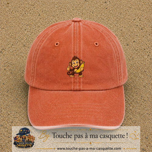 Casquette baseball Orange délavé - Corail délavé 100% coton avec motif Singe à la banane 3 cm - image principale