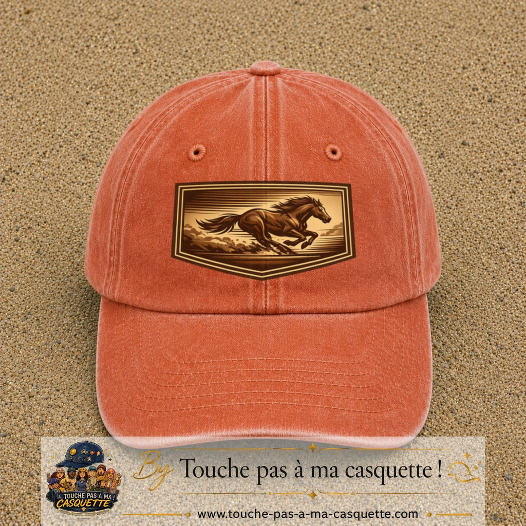 Casquette baseball Orange délavé - Corail délavé 100% coton avec visuel Cheval en course 7 cm - image produit principale