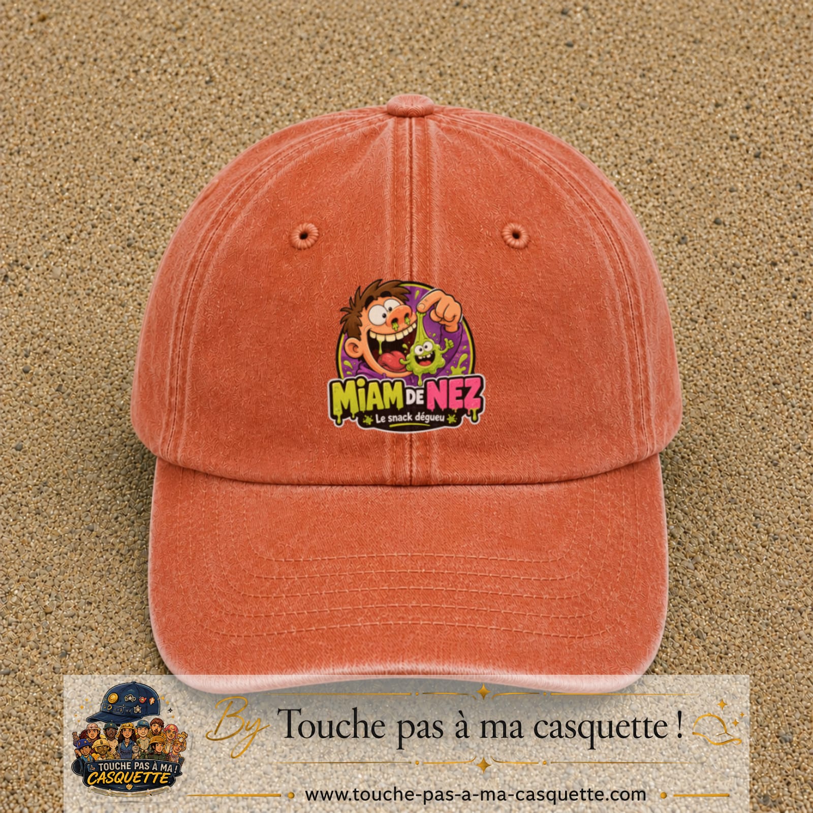Casquette baseball Orange délavé - Corail délavé 100% coton avec visuel Miam de nez 7 cm - image produit principale