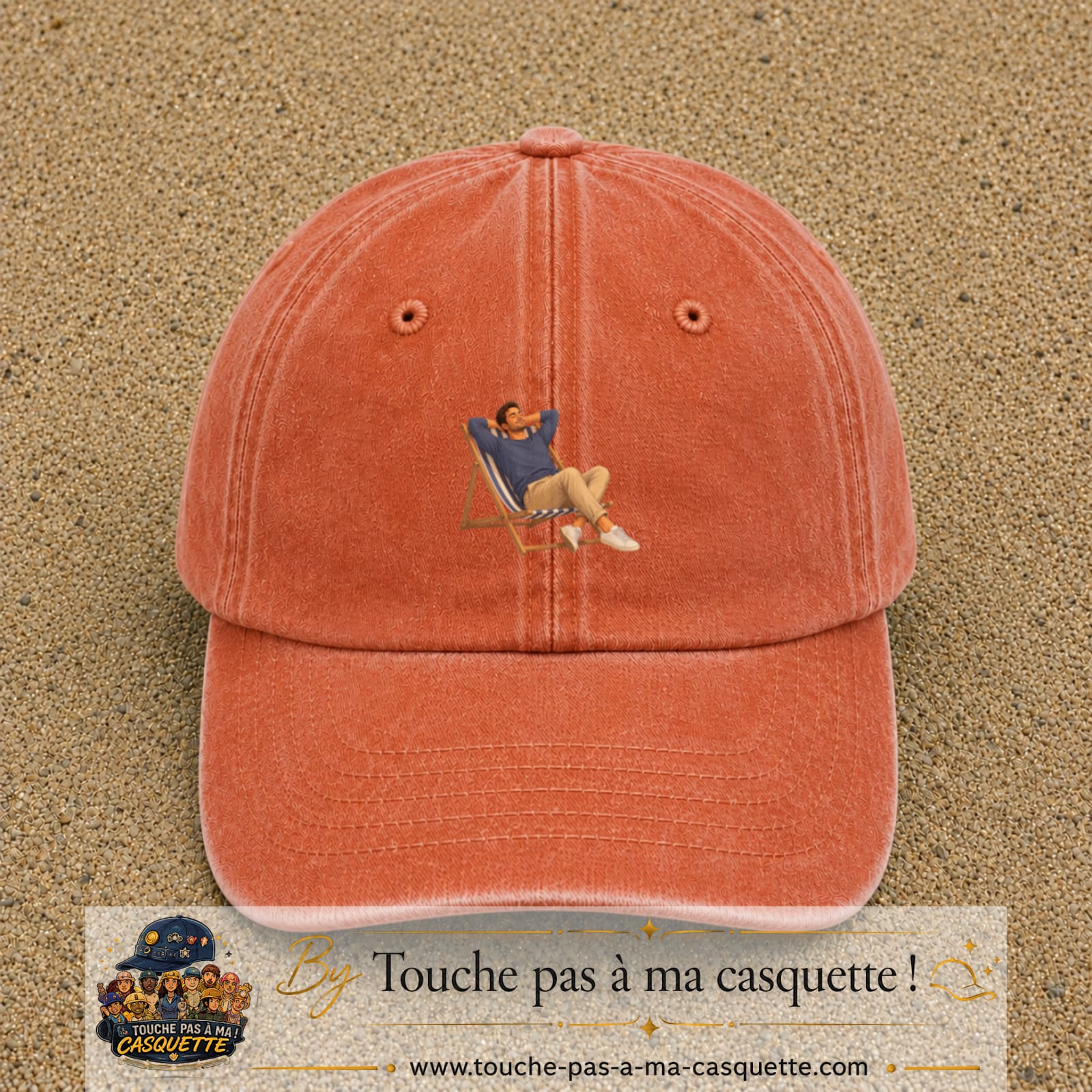 Casquette Orange délavé - Corail délavé 100% coton avec motif Pause soleil transat 5 cm - image principale