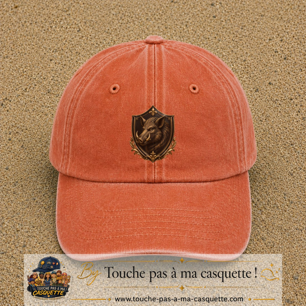 Casquette baseball Orange délavé - Corail délavé 100% coton avec visuel Écusson sanglier 7 cm - image produit principale