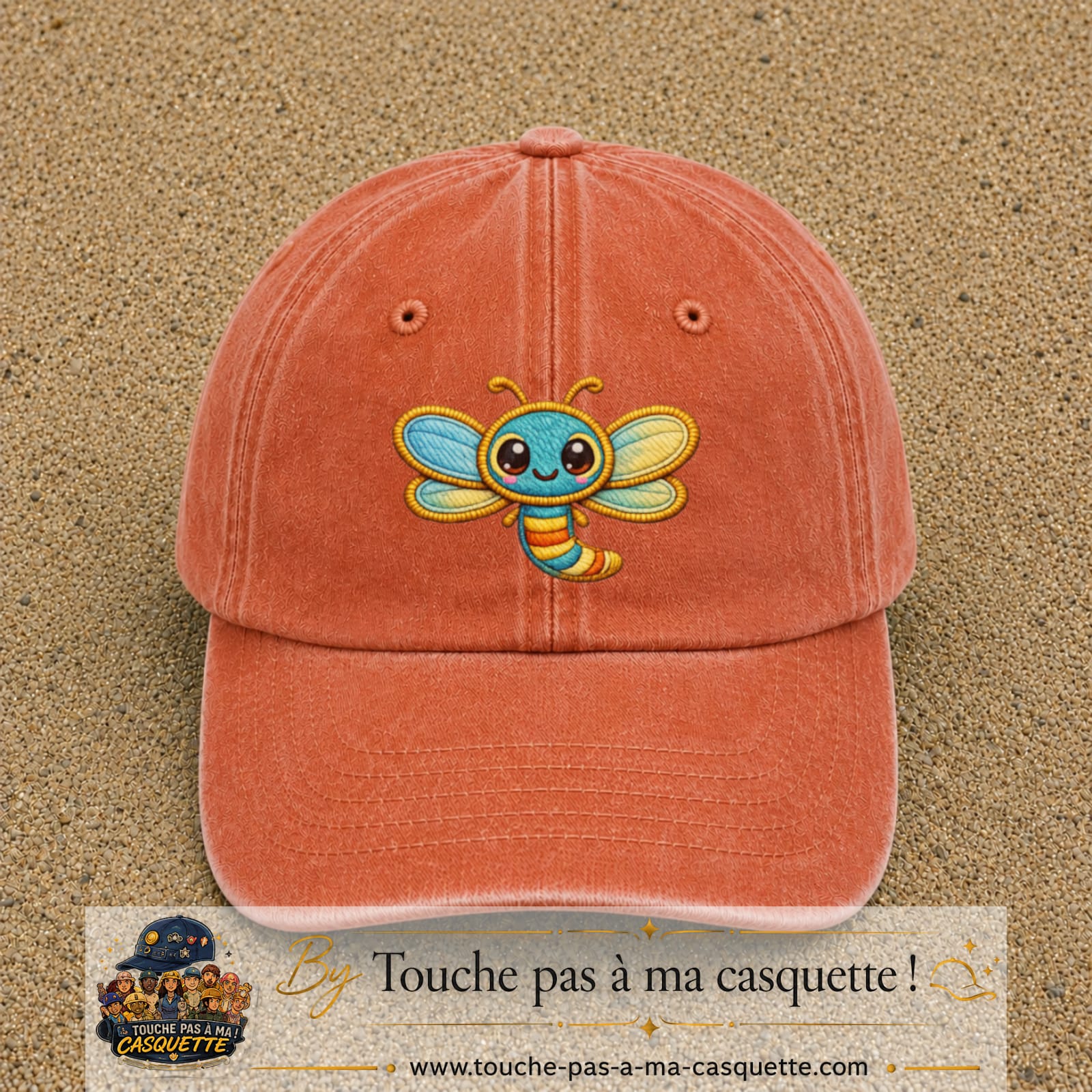 Casquette Orange délavé - Corail délavé motif Libellule multicolore 7 cm - vue principale