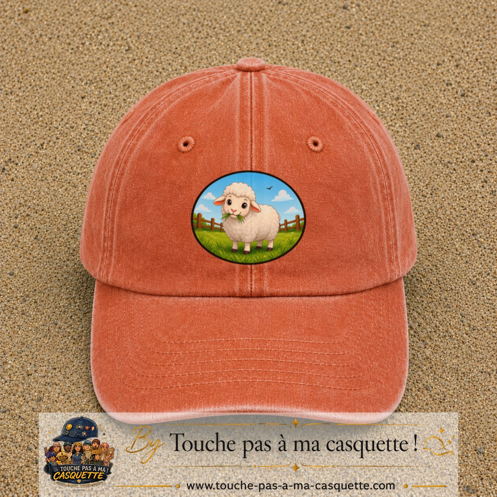 Casquette baseball Orange délavé - Corail délavé 100% coton avec visuel Mouton à la ferme 7 cm - image produit principale