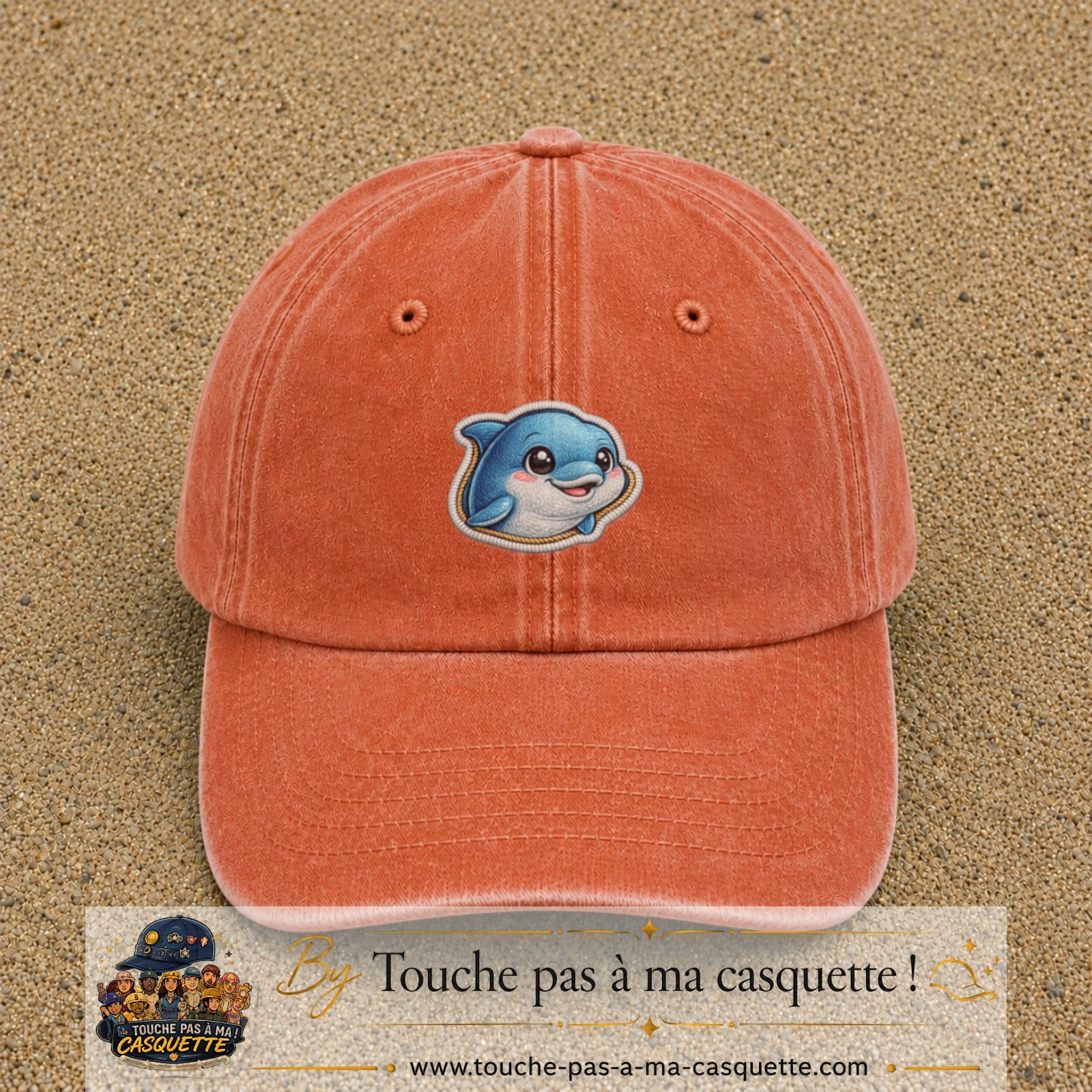 Casquette Orange délavé - Corail délavé motif Dauphin souriant 5 cm - vue principale