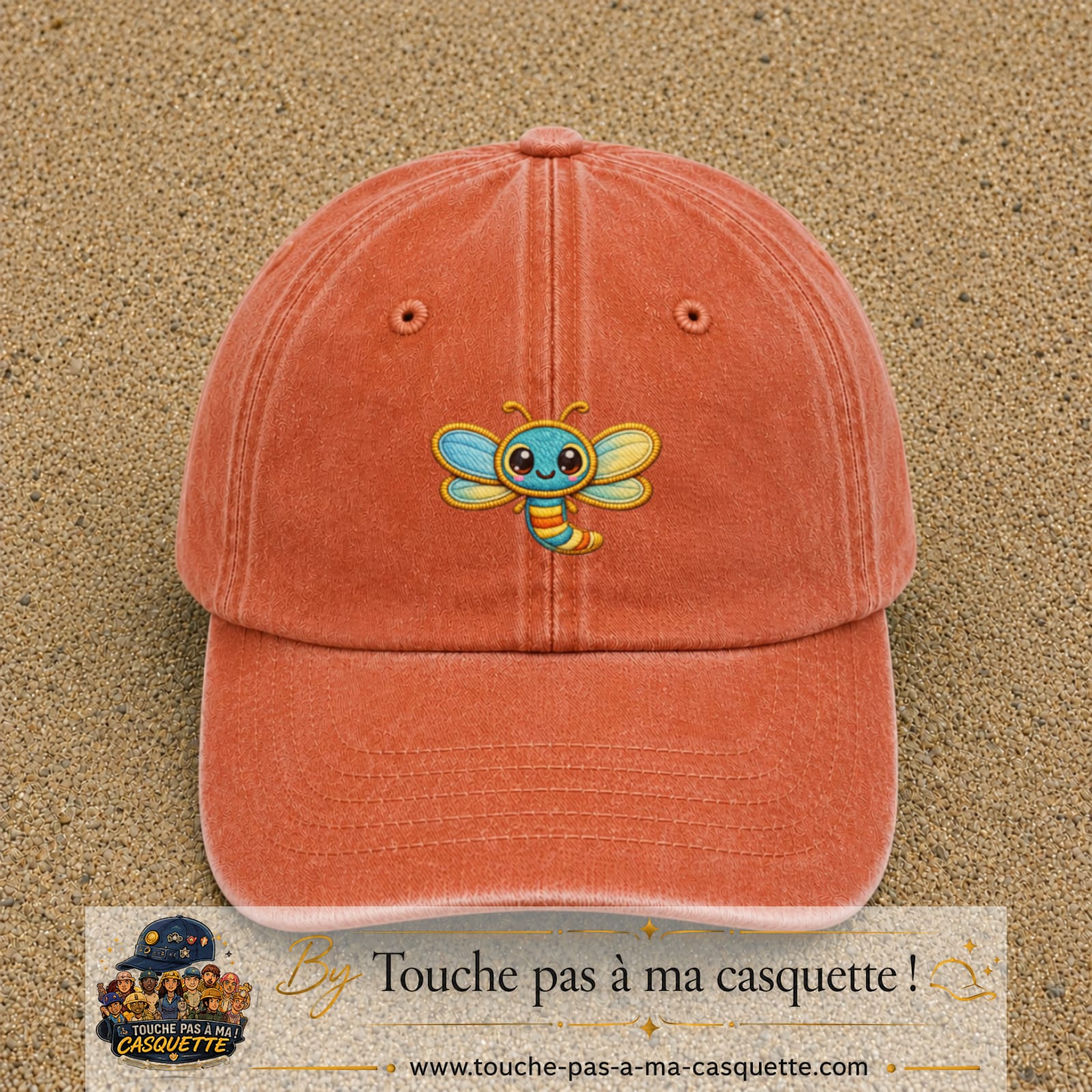 Casquette Orange délavé - Corail délavé motif Libellule multicolore 5 cm - vue principale