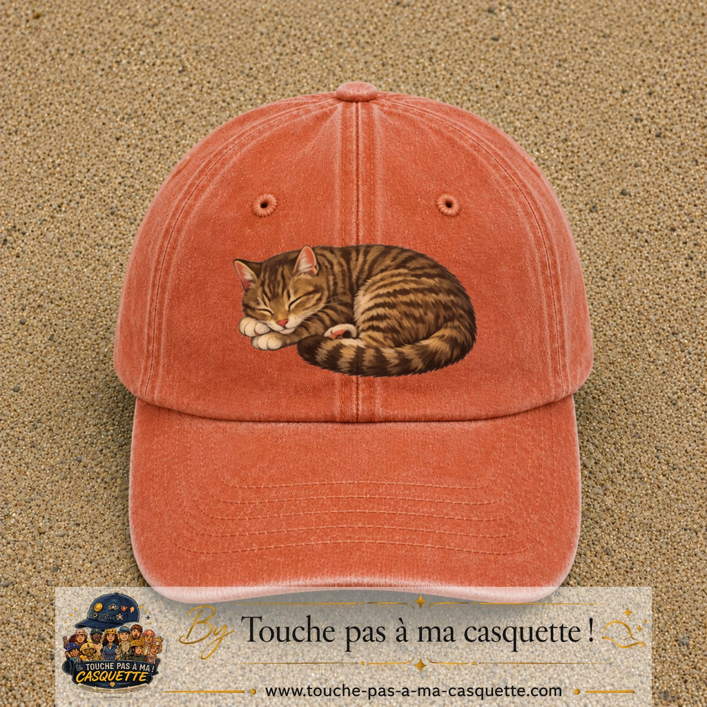 Casquette baseball Orange délavé - Corail délavé 100% coton avec motif Chat endormi 7 cm - image principale