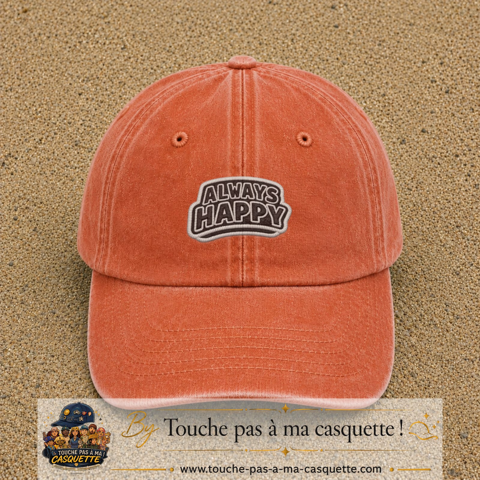 Casquette Orange délavé - Corail délavé motif Message Always Happy 5 cm - vue principale