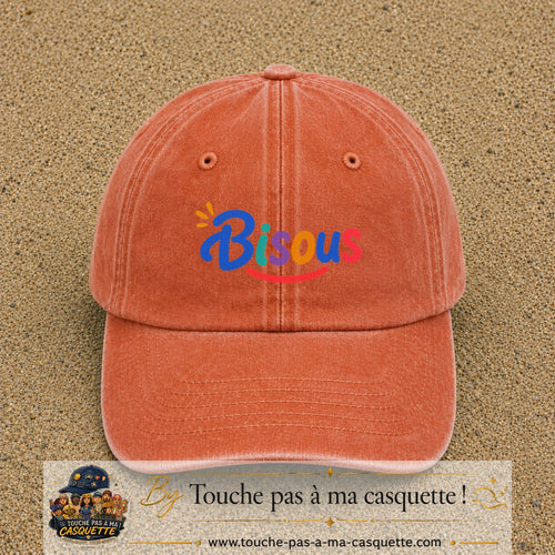 Casquette baseball Orange délavé - Corail délavé 100% coton avec visuel Bisous coloré 5 cm - image produit principale