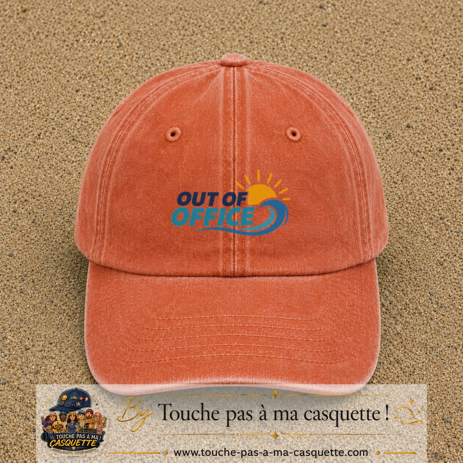 Casquette Orange délavé - Corail délavé 100% coton avec motif Out of Office vague soleil 5 cm - image principale