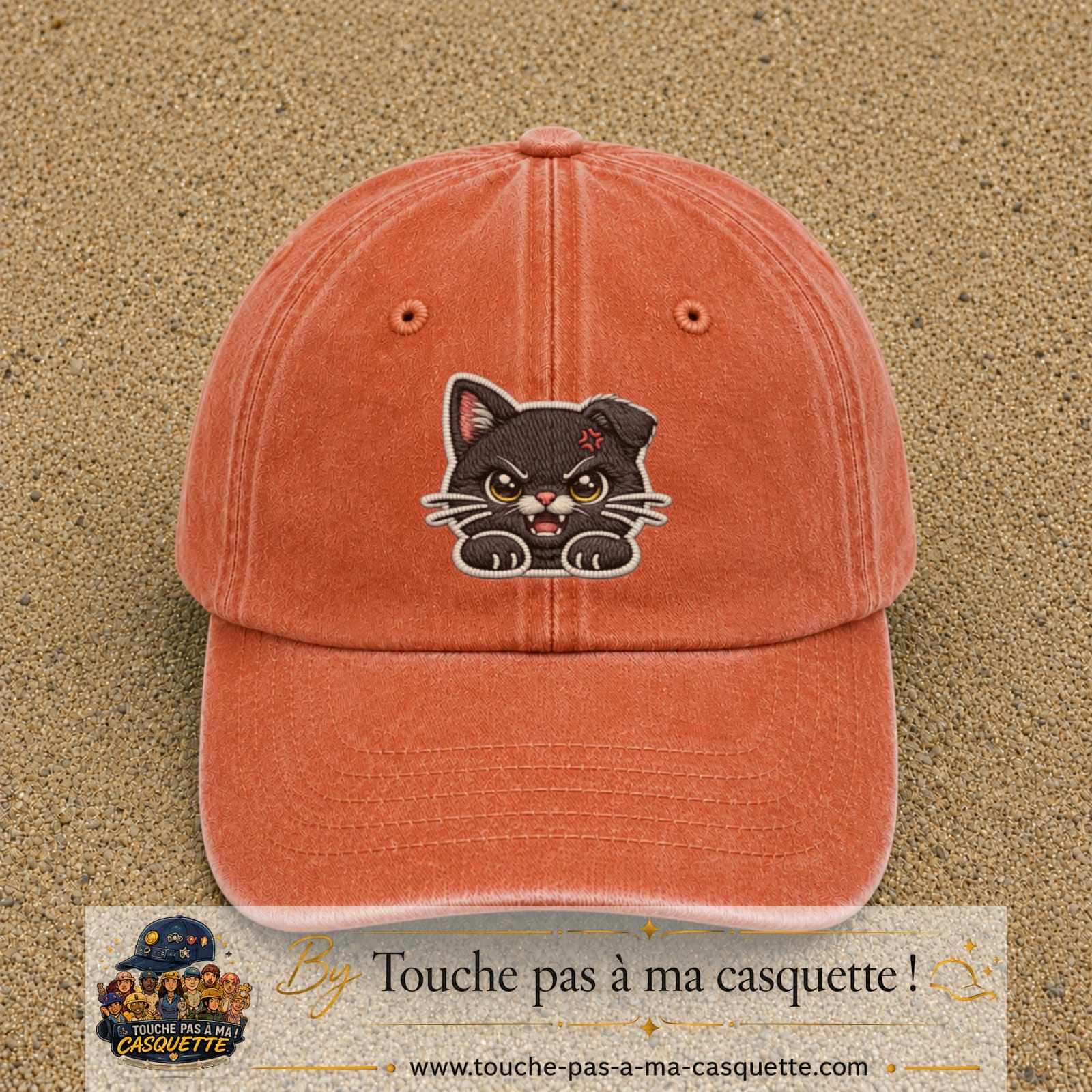 Casquette Orange délavé - Corail délavé motif Chaton grognon 7 cm - vue principale
