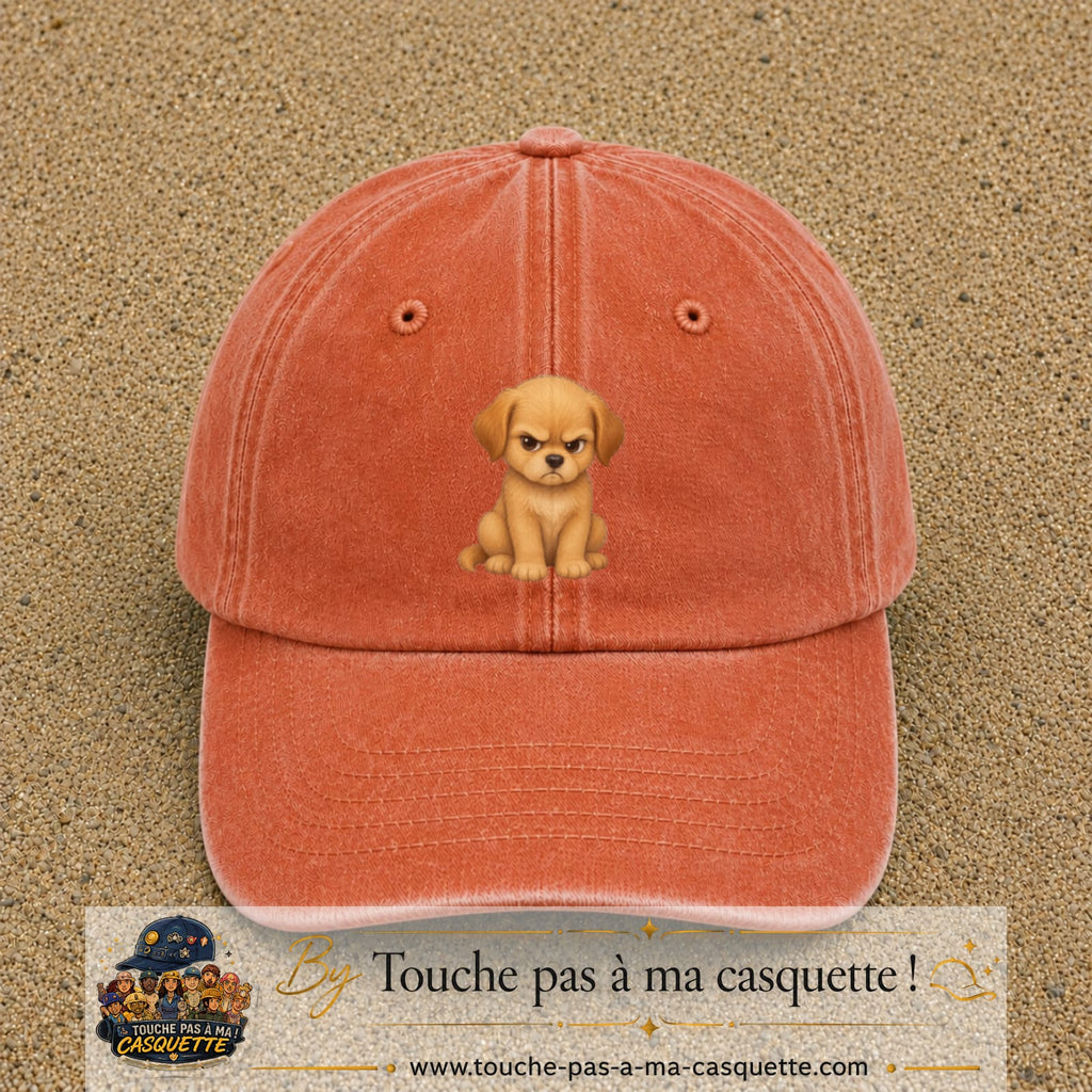 Casquette baseball Orange délavé - Corail délavé 100% coton avec motif Chiot boudeur 7 cm - image principale