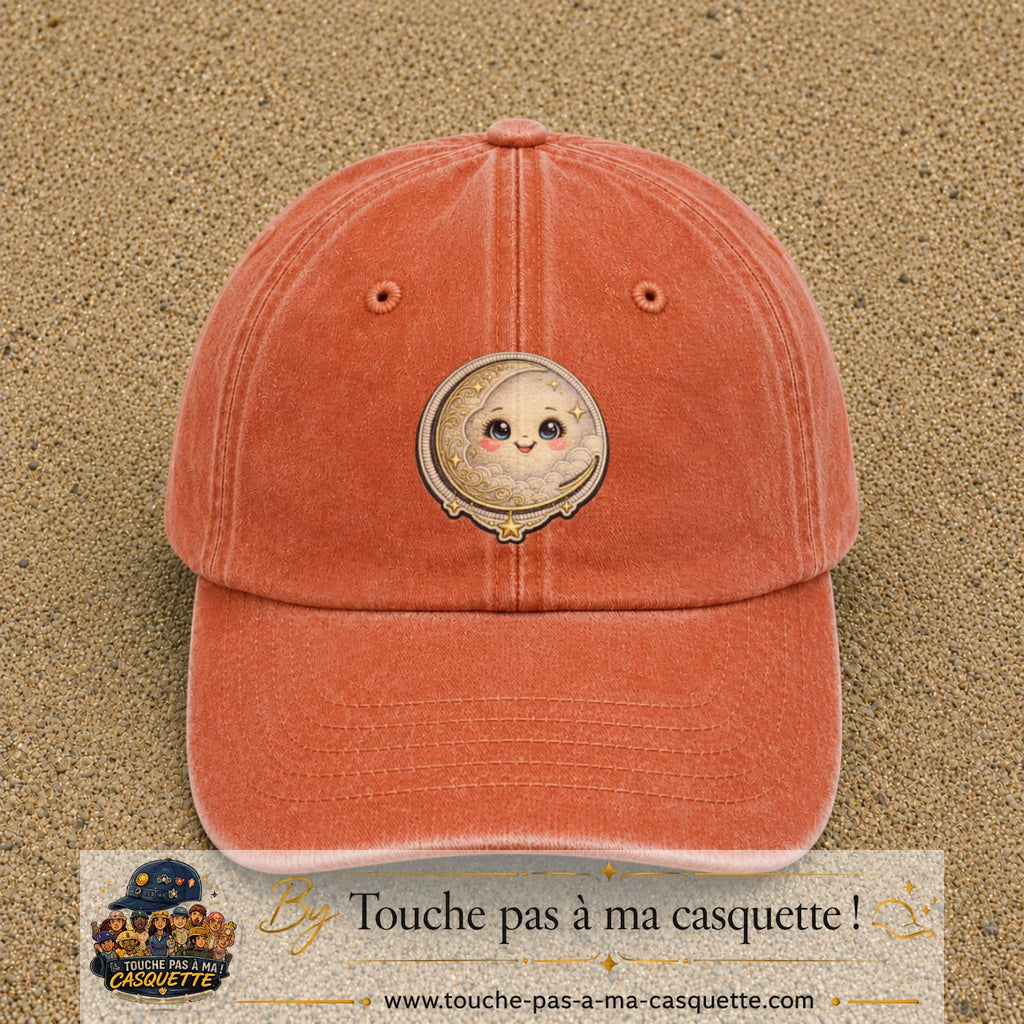 Casquette Orange délavé - Corail délavé motif Lune kawaii 7 cm - vue principale
