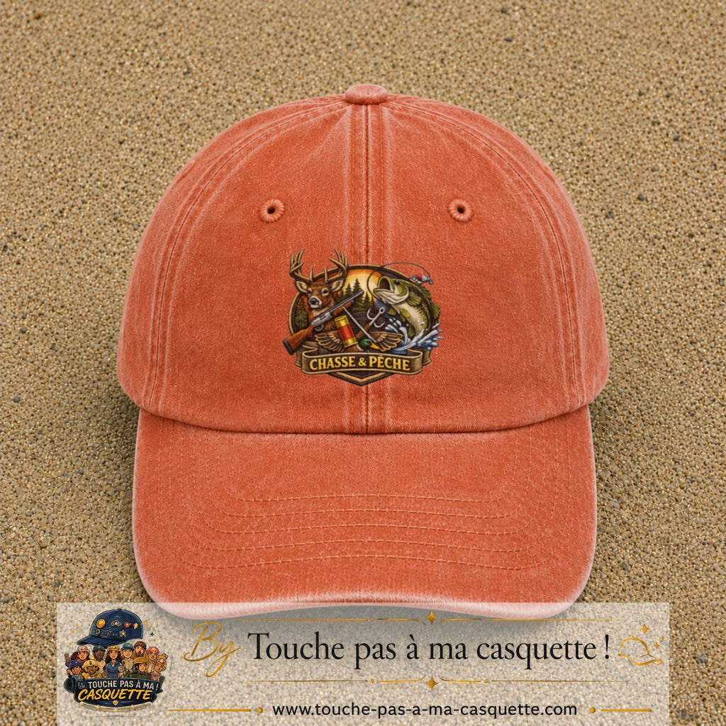 Casquette Orange délavé - Corail délavé motif Chasse et pêche 7 cm - vue principale